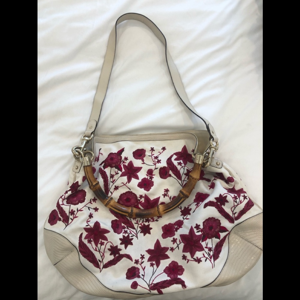 Gucci Floral Peggy Canvas Bamboo Handle Hobo Bag